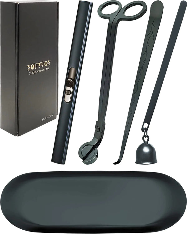 YOUTUOY 5 in1 Candle Accessory Set with Rechargeable Candle Lighter Candle Wick Trimmer Candle Wick Snuffer Candle Wick Dipper Storage Tray Plate Candle Care Kit (Matte Black)