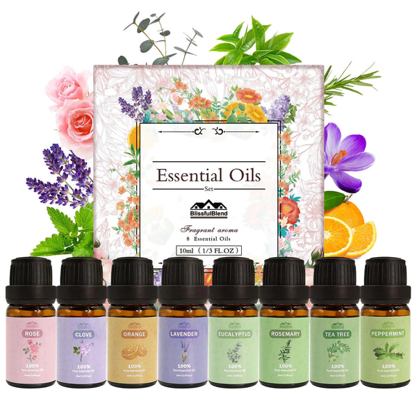 8 Pack 10 ML Organic Aromatherapy Essential Oil Set Pure Essential Oil Kit for Diffusers for Home Peppermint LavenderEucalyptusTea TreeRose RosemaryClove Orange Fragrance Oil for Candle Making