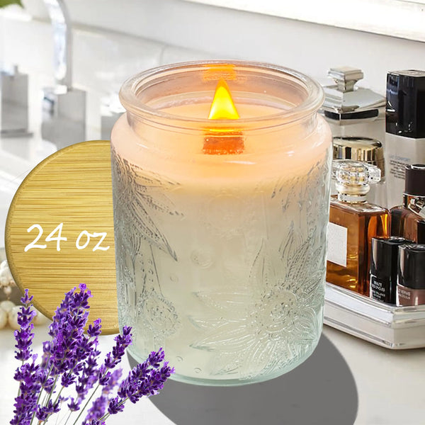 Veiuwa 24 Oz Large Lavender Scented Candle，Aromatherapy Candle，Wood Wick Candle，100＋ Hour Continuous Burning Household Non-Toxic Soy Candles，Makes a Beautiful Gift for Girls.