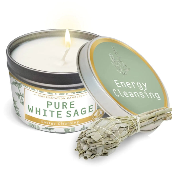 Manifestation Candle Long Lasting Pure White Sage Scented Candle | 6 Oz - 35 Hour Burn | All Natural Soy Wax Smudge Candle for House Energy Cleansing Positive Vibes & Manifestation