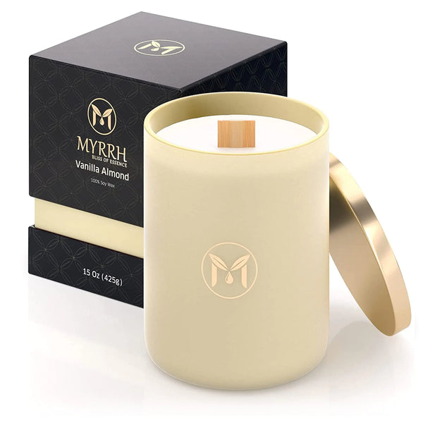 Vanilla Almond Scented Candle All Natural Pure Soy Candle 15 oz Lasts Up to 80-85 Hours Essential Oil Infused Elegant and Relaxing Aromatherapy Candle Candle Gift for Home Decor - MyrrhUSA