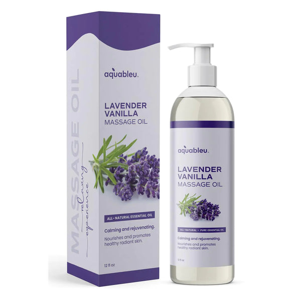 Aquableu Lavender Vanilla Massage Oil 100% Pure & All-Natural - Natural at-Home Massage Therapy Soothes Skin & Muscles - Full Body Relaxing Massage Oil for Men and Women 12 fl oz