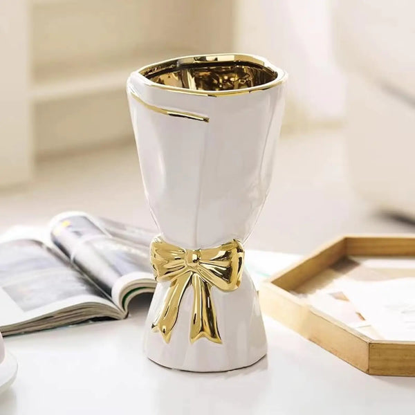 WLGRANJIA White and Gold Vase Bow Vase for Home Decor White Flower Vase for Boho Style 9.65 Inch Large White Vase for Ideal Table Decor Ceramic Vase. （Glazed Exterior and Interior） (White Large)