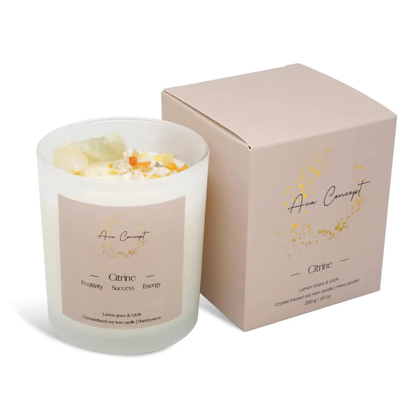 Healing Crystal Candle Scented Candle Infused Citrin Clear Quartz Crystals Lemon Grass&Litchi Scented Positivity Energy Cleansing Wellness Gift for Women Aromatherapy Clean Vegan 10Oz Jar