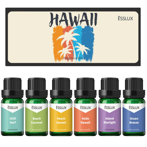 Fragrance Oil ESSLUX Hawaii Scented Oils Set Essential Candle Scents for Candle Making Soap Making Diffuser Oil Fresh Scents Ocean Breeze Beach Coconut Chill Surf and More 6x10 ml