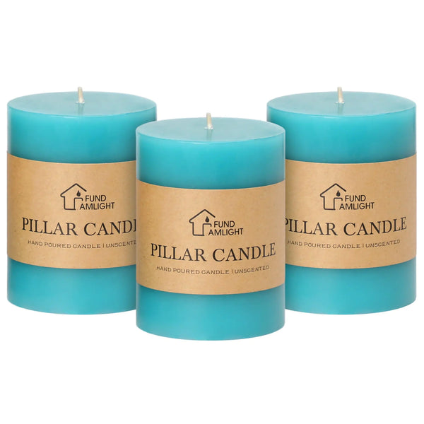 3x4 Inch Blue Pillar Candles Set of 3 - Decorative Unscented Pillar Candles Long Burning Dripless Candles for Home Table Decor Smokeless Large Pillar Candles for Wedding Dinner Party Rustic Decor