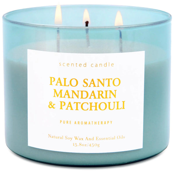 Palo Santo Mandarin Patchouli Candle - 3 Wick Highly Scented Candles for Home - Natural Soy Candle Large 15.8 oz - Warm & Relaxing Home Scent Candle for Men & Women - Aromatherapy Stress Relief Candle